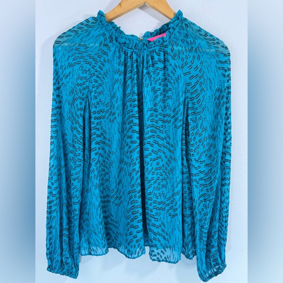 Lilly Pulitzer Caline Metallic Silk Top Teal Bay Silk Swirl Clip Size Small - Picture 12 of 12